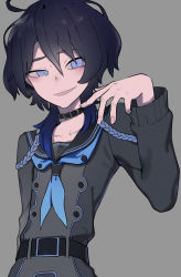 Rule 34 | 1boy, absurdres, ahoge, belt, belt buckle, black belt, black collar, black hair, black sailor collar, black shirt, blue eyes, blue hair, buckle, buttons, collar, collarbone, commentary request, double-breasted, film grain, gradient hair, grey background, hair between eyes, half-closed eye, hand up, highres, indie virtual youtuber, kushizaki (vtuber), long sleeves, looking at viewer, male focus, medium hair, multicolored hair, neckerchief, open mouth, sailor collar, school uniform, serafuku, shirt, short hair, simple background, smile, solo, st (youx1119), upper body, virtual youtuber