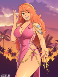 Rule 34 | 1girl, assentlov, blue eyes, breasts, cleavage, dress, grin, hair between eyes, hand up, highres, large breasts, legs, long hair, looking at viewer, nami (one piece), no panties, one eye closed, one piece, open mouth, orange eyes, orange hair, outdoors, palm tree, shiny skin, smile, solo, sunset, tattoo, thighs, tongue, tongue out, tree, wink
