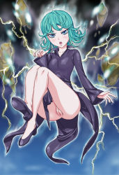 Rule 34 | 1girl, :o, ass, aura, bare legs, black dress, blue eyes, blush, breasts, censored, curly hair, dress, flying, green hair, highres, impossible clothes, impossible dress, knees up, crossed legs, legs up, long sleeves, no panties, okiyumi kase, one-punch man, psychic, pussy, shoes, short hair, small breasts, solo, tatsumaki