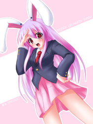 Rule 34 | 1girl, animal ears, blazer, female focus, hand on own hip, hand over face, jacket, long hair, necktie, pink hair, rabbit ears, red eyes, red necktie, reisen udongein inaba, solo, touhou