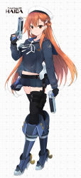Rule 34 | 1girl, absurdres, anchor earrings, belt, black belt, black gloves, black shirt, black skirt, black thighhighs, breasts, destroyer, dual wielding, earrings, fingerless gloves, gloves, hat, highres, hmcs haida (g63), holding, holster, jewelry, long hair, long sleeves, midriff, military, military vehicle, miniskirt, myuto (advent retribution), navel, neck ribbon, orange eyes, orange hair, original, personification, pleated skirt, ribbon, royal canadian navy, sailor hat, ship, shirt, skirt, small breasts, smile, solo, thigh holster, thighhighs, warship, watercraft, white hat, white ribbon