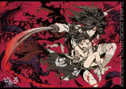 Rule 34 | 1boy, 1girl, amputee, bandages, bandaged arm, bandaged leg, bandages, black hair, blade, blood, blood on face, blood on leg, bloody weapon, blush, brown eyes, bug, centipede, closed mouth, cutting, doll joints, dororo (character), dororo (tezuka), fingernails, hyakkimaru (dororo), injury, japanese clothes, joints, light blush, long hair, manly, miwa shirow, monster, open mouth, ponytail, teeth, toenails, torn clothes, weapon