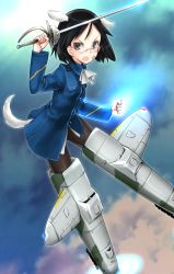 Rule 34 | 1girl, alternate costume, animal ears, aohashi ame, ascot, bandage on face, bandages, bandaid, bandaid on face, bespectacled, black pantyhose, brave witches, cosplay, crotch seam, flying, glasses, gradient background, kanno naoe, military, military uniform, open mouth, pantyhose, perrine h. clostermann, perrine h clostermann (cosplay), rapier, short hair, sky, solo, strike witches, striker unit, sword, tail, uniform, weapon, world witches series