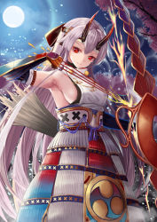 Rule 34 | 1girl, absurdres, armor, armpits, arrow (projectile), bow, bow (weapon), breasts, commentary request, fate/grand order, fate (series), full moon, gloves, hair bow, headband, highres, horns, japanese armor, japanese clothes, kote, kusazuri, large breasts, long hair, looking at viewer, looking down, moon, nekobell, night, night sky, oni horns, red bow, red eyes, sideboob, silver hair, sky, sleeveless, sleeveless turtleneck, slit pupils, solo, tomoe gozen (fate), tree, turtleneck, very long hair, weapon