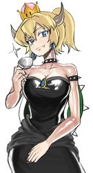 Rule 34 | 1girl, black dress, blonde hair, blue eyes, bowsette, breasts, crown, cup, dress, earrings, eyebrows, fang, hair ornament, highres, horns, jewelry, looking at viewer, mario (series), nintendo, pendant, ponytail, shell, short hair, simple background, sitting, solo, super crown, teacup, white background