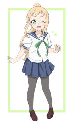 Rule 34 | 1girl, black pantyhose, blonde hair, blue sailor collar, collarbone, crust gm0, dot nose, facing viewer, female focus, full body, green eyes, inose mai, koisuru asteroid, long hair, looking at viewer, one eye closed, open mouth, pantyhose, ponytail, sailor collar, shoes, short sleeves, simple background, solo, standing, star (symbol)