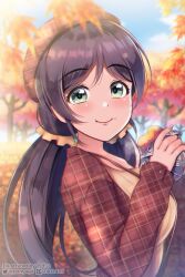 Rule 34 | 1girl, absurdres, aqua eyes, food, highres, long sleeves, looking at viewer, love live!, love live! school idol project, low twintails, outdoors, ponyagii, purple eyes, smile, solo, sweet potato, tojo nozomi, twintails