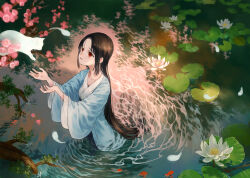 Rule 34 | 1girl, black hair, brown hair, cherry blossoms, collarbone, commentary request, flower, from above, ghost, lily pad, long hair, long sleeves, looking up, lotus, moekon, original, outdoors, parted bangs, parted lips, partially submerged, petals, pink flower, red eyes, ripples, solo, very long hair, wading, water, wide sleeves