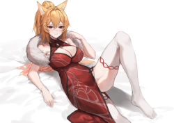 Rule 34 | 1girl, absurdres, animal ears, blonde hair, booba, breasts, china dress, chinese clothes, cleavage, cleavage cutout, clothing cutout, commission, copyright request, dress, ellin meiji, feather boa, foot out of frame, hair between eyes, hand up, highres, knee up, large breasts, long hair, molyb, no panties, ponytail, red dress, simple background, sleeveless, sleeveless dress, solo, thighhighs, white background, white thighhighs