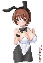Rule 34 | 1girl, absurdres, alternate costume, animal ears, black pantyhose, blush, bow, bowtie, breasts, brown eyes, brown hair, covered navel, detached collar, fake animal ears, highres, kantai collection, large breasts, leotard, looking at viewer, natori (kancolle), pantyhose, playboy bunny, rabbit ears, short hair, solo, strapless, strapless leotard, tf cafe, traditional bowtie, twitter username, white leotard, wrist cuffs