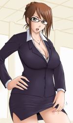 Rule 34 | 1girl, bra, breasts, brown eyes, brown hair, bug bite, business suit, cleavage, cushion, formal, futon suki, glasses, jewelry, large breasts, lingerie, miniskirt, necklace, original, pencil skirt, skirt, skirt suit, solo, suit, teacher, underwear, zabuton
