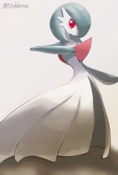 Rule 34 | 1girl, arm up, artist name, bob cut, colored skin, creatures (company), female focus, flat chest, full body, game freak, gardevoir, gen 3 pokemon, green hair, green skin, grey background, hair over one eye, highres, looking to the side, multicolored skin, nintendo, one eye covered, open mouth, pokemon, pokemon (creature), red eyes, short hair, sideways mouth, signature, simple background, solo, standing, tsukkon, twitter username, two-tone skin, white skin