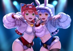 Rule 34 | 2girls, alternate costume, animal ears, blue hair, blue nails, breasts, carrot print, cherry blossom print, collarbone, ears through headwear, floral print, food print, green eyes, hair between eyes, hair ornament, hairclip, holding, holding microphone, hololive, jewelry, kintoki (sakura miko), looking at viewer, medium breasts, microphone, midriff, multiple girls, music, nail polish, navel, necklace, open mouth, orange eyes, pink hair, pink nails, rabbit ears, rabbit girl, rabbit tail, sakura miko, sakura miko (1st costume), singing, smile, stage lights, tail, teeth, upper teeth only, usada pekora, virtual youtuber, yamasan ossan