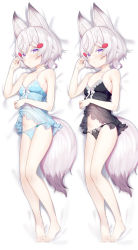 Rule 34 | 1girl, animal ear fluff, animal ears, babydoll, bare arms, bare legs, bare shoulders, barefoot, bed sheet, black babydoll, black panties, blue babydoll, blush, bow, bow panties, bra, breasts, closed mouth, collarbone, dakimakura (medium), fox ears, fox girl, fox tail, full body, hair ornament, hairclip, highres, lace, lace-trimmed panties, lace trim, lingerie, looking at viewer, lying, minutachi, multiple views, navel, on back, panties, phase connect, purple eyes, short hair, side-tie panties, small breasts, tail, tenma maemi, underwear, underwear only, virtual youtuber, white hair