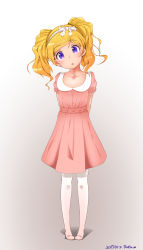 Rule 34 | 1girl, :o, aged down, arms behind back, bad id, bad pixiv id, blonde hair, blush, bow, collarbone, collared dress, commentary request, dated, dress, emily stewart, eyelashes, full body, grey background, hair bow, hairband, head tilt, highres, idolmaster, idolmaster million live!, long hair, looking at viewer, masashi-san, no shoes, pantyhose, parted lips, pigeon-toed, pink dress, purple eyes, short sleeves, simple background, solo, standing, striped, striped bow, tareme, twintails, white bow, white pantyhose