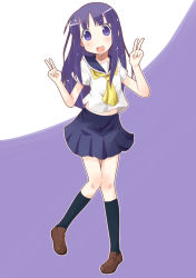 Rule 34 | 1girl, highres, hinata yukari, long hair, miiyon, open mouth, purple hair, school uniform, serafuku, solo, v, yuyushiki