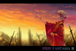 Rule 34 | 1boy, akatsuhara empire, battlefield, blonde hair, flower, gradient background, japanese clothes, letterboxed, male focus, multicolored hair, oropi, outdoors, petals, pixiv, pixiv fantasia, pixiv fantasia 3, polearm, red eyes, rock, sky, solo, sunset, sword, tears, weapon