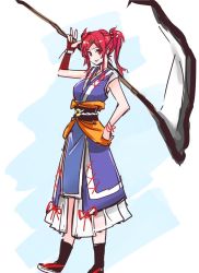 Rule 34 | 1girl, alternate hairstyle, breasts, coin, grin, hair bobbles, hair ornament, hairclip, hand on own hip, highres, japanese clothes, looking at viewer, mappe (778exceed), medium breasts, obi, onozuka komachi, ponytail, red eyes, red hair, sandals, sash, scythe, short hair, sketch, sleeveless, smile, socks, solo, standing, touhou, two side up, wrist cuffs, zouri