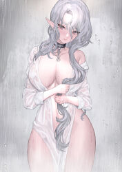 Rule 34 | 1girl, breasts, cleavage, collar, elf, hair over breasts, hair over crotch, hair over shoulder, head tilt, highres, hitowa, holding, holding own hair, large breasts, long hair, looking at viewer, mole, mole on breast, no bra, no panties, off shoulder, original, pointy ears, purple eyes, rain, see-through, shirt, slave, solo, wet, wet clothes, wet shirt, white hair