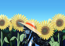 Rule 34 | 1girl, arms behind back, black hair, blue sky, blush, closed mouth, commentary, day, dress, floating hair, flower, flower field, from side, hat, highres, kakinin, light smile, long hair, looking at viewer, original, outdoors, pale skin, shade, sidelocks, sideways glance, sky, solo, straw hat, sundress, sunflower, sunflower field, swept bangs, turning head, upper body, very long hair, white dress, white eyes, wide brim