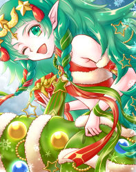 Rule 34 | 1girl, box, braid, christmas ornaments, female focus, fire emblem, fire emblem: three houses, fire emblem heroes, fur trim, gift, gift box, green eyes, green hair, hair ornament, highres, holding, long hair, matching hair/eyes, nintendo, one eye closed, open mouth, pointy ears, smile, solo, sothis (fire emblem), sothis (winter) (fire emblem), tiara, twin braids, wink, yuzuame (capsuleflower)
