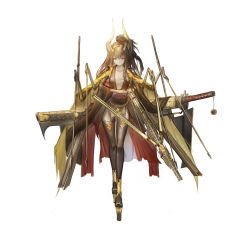 Rule 34 | 1girl, absurdres, bandages, blonde hair, bow (weapon), breasts, brown thighhighs, chain, closed mouth, crossbow, expressionless, eyelashes, facial mark, full body, gold chain, gradient hair, high heels, highres, holding, holding crossbow, holding weapon, horns, japanese clothes, jewelry, katana, long hair, looking at viewer, magic, multicolored hair, original, pendant, pixiv fantasia, red eyes, sa&#039;yuki, shoes, sickle, simple background, skeleton, solo, sword, thighhighs, traditional clothes, walking, watermark, weapon, white background, wide sleeves, wings, zettai ryouiki