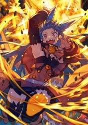 Rule 34 | 1girl, arm up, black dress, black sleeves, black thighhighs, blue hair, capelet, claw pose, debris, detached sleeves, dragon girl, dragon tail, dress, explosion, fire, full body, hair ears, high collar, highres, long hair, looking at viewer, nail polish, open mouth, orange eyes, original, pleated dress, red capelet, red dress, red nails, ringed eyes, rumie, sharp teeth, solo, tail, teeth, thighhighs, very long hair