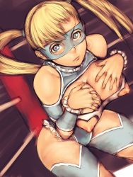 Rule 34 | 1990s (style), 1girl, arena, blonde hair, blue eyes, breast suppress, breasts, capcom, cleavage, fumio (rsqkr), large breasts, long hair, mask, nippleless clothes, nipples, rainbow mika, solo, street fighter, street fighter zero (series), twintails