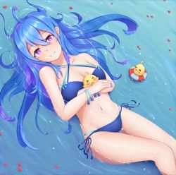 Rule 34 | 1girl, 2others, absurdres, ahoge, azur lane, bare shoulders, blue hair, blush, breasts, cleavage, commentary, english commentary, helena (azur lane), highres, innertube, kyl490, long hair, looking at viewer, manjuu (azur lane), multiple others, partially submerged, purple eyes, swim ring, swimsuit