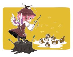 Rule 34 | 1girl, animal, animal ears, bird, bird ears, bird wings, black footwear, black thighhighs, blush, branch, brown dress, brown hat, byourou, closed eyes, dress, earrings, frilled sleeves, frills, hat, holding, holding branch, jewelry, long sleeves, mystia lorelei, open mouth, pink hair, shoes, short hair, single earring, smile, solo, sparrow, thighhighs, touhou, white wings, wide sleeves, winged footwear, winged hat, wings