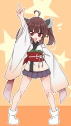 Rule 34 | 1girl, absurdres, ahoge, blue skirt, blunt bangs, brown hair, commentary, full body, hand on own hip, hand up, headgear, highres, japanese clothes, kimono, light blush, long sleeves, looking at viewer, obi, open mouth, orange background, outline, pleated skirt, red eyes, sash, sechin, short twintails, sidelocks, skirt, smile, solo, star (symbol), touhoku kiritan, twintails, voiceroid, white footwear, white kimono, white outline, wide sleeves