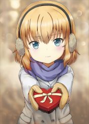Rule 34 | 1girl, blonde hair, blue eyes, blue scarf, blurry, blurry background, blush, box, casual, closed mouth, coat, commentary, earmuffs, foreshortening, frown, gift, girls und panzer, grey coat, heart-shaped box, highres, holding, holding gift, katyusha (girls und panzer), long sleeves, looking at viewer, mittens, scarf, shibagami, short hair, solo, standing, upper body, valentine, yellow mittens