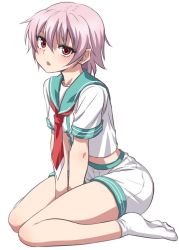 Rule 34 | 10s, 1girl, between legs, blush, breasts, collarbone, commentary request, full body, hand between legs, kantai collection, looking at viewer, midriff, minarai zouhyou, neckerchief, no shoes, pink hair, purple hair, red eyes, sailor collar, school uniform, serafuku, short hair, short sleeves, shorts, simple background, small breasts, socks, solo, tama (kancolle), white background, white socks