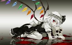 Rule 34 | 1girl, bad id, bad pixiv id, bandages, blood, crack, female focus, flandre scarlet, full body, hat, kahchan, looking at viewer, short hair, skull, solo, spot color, touhou, wings