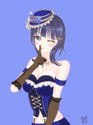 Rule 34 | 1girl, ;), absurdres, aqua flower, artist name, artist request, asaka karin, bare shoulders, black gloves, blue background, blue corset, blue dress, blue eyes, blue feathers, blue flower, blue hair, blue hat, blue skirt, blush, bow, bracelet, breasts, cleavage, collarbone, corset, cross-laced clothes, cross-laced dress, dark blue hair, dress, elbow gloves, feather hair ornament, feathers, female focus, finger to mouth, flower, frilled dress, frilled skirt, frills, gloves, hair ornament, hairclip, hairpin, hat, hat flower, highres, inasaku75, inasaku yuza, jewelry, lace, lace-trimmed gloves, lace trim, looking at viewer, love live!, love live! nijigasaki high school idol club, love live! school idol festival, medium breasts, medium hair, mini hat, miniskirt, mole, mole on body, mole on breast, navel, necklace, one eye closed, parted lips, pearl bracelet, plaid, plaid dress, plaid skirt, pleated, pleated dress, pleated skirt, purple bow, short hair, skirt, sleeveless, sleeveless dress, smile, solo, starlight (love live!), strapless, strapless dress, suspenders, v-shaped eyebrows