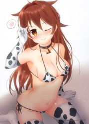 Rule 34 | 1girl, animal print, bell, bikini, black collar, blush, breasts, brown eyes, cleavage, collar, cow print, elbow gloves, gloves, hair between eyes, hair flaps, hairband, kantai collection, long hair, mae (maesanpicture), medium breasts, neck bell, one eye closed, red hairband, shiratsuyu (kancolle), shiratsuyu kai ni (kancolle), side-tie bikini bottom, simple background, sitting, smile, solo, spoken squiggle, squiggle, sweat, swimsuit, thighhighs, twitter username