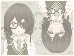 Rule 34 | 1girl, aqua necktie, black-framed eyewear, black hair, border, bow, braid, buttons, cevio, chestnut mouth, collared shirt, commentary request, expressionless, eye chart, glasses, green eyes, green sweater vest, grey background, hair between eyes, hair bow, hanakuma chifuyu, highres, holding, holding removed eyewear, landolt c, long hair, long sleeves, looking at viewer, multiple views, muted color, necktie, occluder, open mouth, partial commentary, sherryxpix, shirt, shiryoku kensa (vocaloid), song name, sweater vest, twin braids, unworn eyewear, upper body, upside-down, white border, white bow, white shirt, white stripes