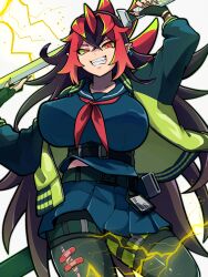 Rule 34 | 1girl, alternate breast size, arms up, bandaid, bandaid on leg, belt, breasts, brown hair, colored sclera, colored tips, duel monster, electricity, fingerless gloves, freckles, glaring, gloves, green hair, green sclera, highres, holding, holding sword, holding weapon, jacket, large breasts, long hair, multicolored hair, nooa (souzikisuki), open clothes, open jacket, pantyhose, pleated skirt, red eyes, red hair, school uniform, sharp teeth, sheath, skirt, solo, sword, teeth, very long hair, weapon, you&#039;re finished (yu-gi-oh!), yu-gi-oh!