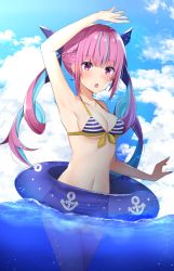 Rule 34 | 1girl, ahoge, air bubble, arm up, bikini, blue bow, blue hair, blue nails, blush, bow, braid, breasts, bubble, cleavage, cloud, cloudy sky, collarbone, colored inner hair, cowboy shot, day, drill hair, front-tie bikini top, front-tie top, hair bow, highres, hololive, innertube, long hair, looking at viewer, medium breasts, minato aqua, minato aqua (hololive summer 2019), multicolored hair, nail polish, navel, open mouth, outdoors, partially submerged, partially underwater shot, purple eyes, purple hair, sidelocks, sky, solo, streaked hair, striped bikini, striped clothes, sunlight, swim ring, swimsuit, twin drills, two-tone hair, underwater, virtual youtuber, water, yuteke key