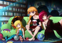 Rule 34 | 3girls, adapted costume, alternate costume, american flag dress, american flag legwear, barefoot, blonde hair, book, bookshelf, breasts, can, chips (food), cleavage, clownpiece, contemporary, controller, couch, crumbs, dark room, drink can, earth (ornament), food, game console, game controller, hecatia lapislazuli, highres, junko (touhou), long hair, moon (ornament), multiple girls, okema, on couch, pantyhose, playing games, playstation 4, playstation controller, poster (object), red eyes, red hair, shadow, shin yomawari, soda can, touhou, yomawari (series)