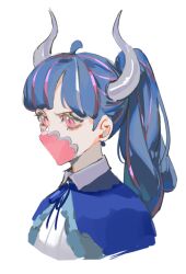 Rule 34 | 1girl, ahoge, blue cape, blue hair, cape, collared shirt, covered mouth, curled horns, dinosaur girl, horns, jewelry, long hair, mask, mouth mask, multicolored hair, necklace, one piece, pink eyes, pink hair, pink mask, ponytail, raine (acke2445), shirt, solo, streaked hair, ulti (one piece), white shirt