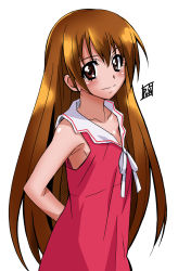 Rule 34 | 1girl, brown eyes, brown hair, dokidoki! precure, dress, eyelashes, hair down, happy, long hair, looking at viewer, madoka aguri, ponpon, precure, red dress, signature, simple background, smile, solo, white background