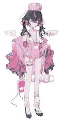 Rule 34 | 1girl, absurdres, black footwear, black hair, bodysuit, full body, highres, intravenous drip, jacket, jewelry, leg warmers, multicolored hair, necklace, open clothes, open jacket, original, pink eyes, pink hair, pink headwear, pink jacket, shibakure inuwo, simple background, solo, standing, streaked hair, twintails, white background