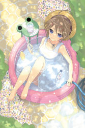 Rule 34 | 1girl, bad id, bad pixiv id, barefoot, book, brown hair, feet, from above, hat, lens flare, one-piece swimsuit, original, sakurai unan, school swimsuit, short hair, solo, straw hat, swimsuit, wading pool, water, white school swimsuit, white one-piece swimsuit