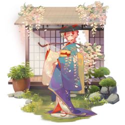 Rule 34 | 1girl, architecture, ask (askzy), closed mouth, east asian architecture, full body, girls&#039; frontline, green eyes, hair between eyes, hair ornament, hair ribbon, hat, headwear request, holding, japanese clothes, kimono, long hair, looking at viewer, official alternate costume, official art, pink hair, r93 (girls&#039; frontline), r93 (wisteria minstrel) (girls&#039; frontline), ribbon, sand, sandals, smile, solo, standing, transparent background, wide sleeves, zouri