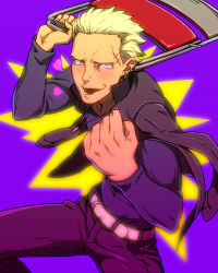 Rule 34 | 1boy, atlus, blonde hair, chair, gakuran, jacket, jacket on shoulders, jewelry, male focus, megami tensei, necklace, nose piercing, open mouth, persona, persona 4, persona 4: the ultimate in mayonaka arena, persona 4: the ultimax ultra suplex hold, piercing, sami (object dump), scar, school uniform, shadow (persona), shadow kanji, shin megami tensei, short hair, smile, tatsumi kanji, yellow eyes