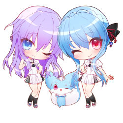 2girls ;) ;3 animal_print ascot black_ascot black_bow black_socks blue_eyes blue_hair blunt_ends blush bow braid butterfly_print chibi chibi_only closed_mouth commentary_request crown_braid eyes_visible_through_hair fox full_body hair_between_eyes hair_bow hair_ribbon hand_on_own_hip hand_up happy highres inari_(summer_pockets) kneehighs long_hair looking_at_viewer miniskirt multiple_girls natsuoto_rito one_eye_closed open_mouth outstretched_hand puffy_short_sleeves puffy_sleeves purple_hair red_eyes red_ribbon ribbon sailor_collar school_uniform serafuku shirt short_sleeves siblings sidelocks simple_background sisters skirt smile socks sorakado_ai sorakado_ao standing summer_pockets twins very_long_hair white_background white_sailor_collar white_shirt white_skirt