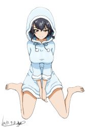 Rule 34 | 10s, 1girl, aqua dress, artist name, barefoot, black hair, braid, breasts, brown eyes, bukkuri, closed mouth, dated, dress, full body, girls und panzer, hood, hooded pajamas, large breasts, looking at viewer, pajamas, pepperoni (girls und panzer), short dress, short hair, short sleeves, side braid, signature, simple background, sitting, smile, solo, v arms, wariza, white background