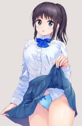 Rule 34 | 1girl, :d, black hair, blue bow, blue bowtie, blue eyes, blue panties, blue skirt, blush, bow, bow panties, bowtie, breast pocket, breasts, clothes lift, collared shirt, commentary request, cowboy shot, dress shirt, grey background, highres, lifted by self, long sleeves, looking at viewer, medium breasts, miniskirt, open mouth, original, panties, pasdar, pleated skirt, pocket, school uniform, shirt, short hair, short ponytail, simple background, skirt, skirt lift, smile, solo, underwear, white shirt