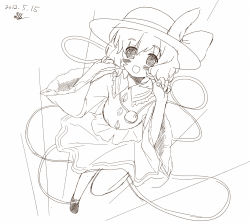 Rule 34 | 1girl, blush, dated, female focus, hat, komeiji koishi, looking at viewer, mille, monochrome, open mouth, short hair, signature, simple background, sketch, smile, solo, third eye, touhou, white background